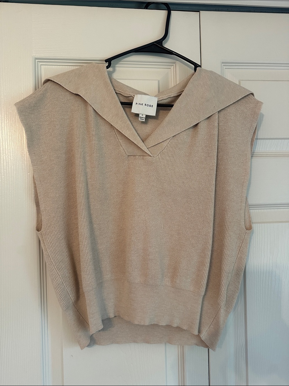 Pink Rose Beige Sleeveless Collared Knit Shell